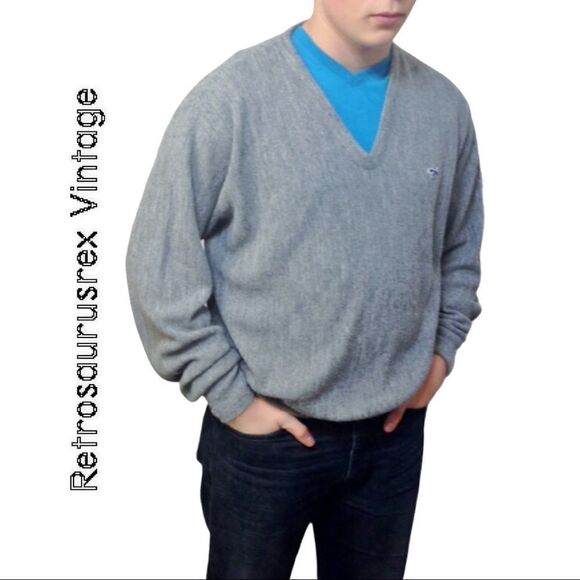 VINTAGE 1960's grey fox collection hipster pullover V neck sweater, size XL - Picture 4 of 6
